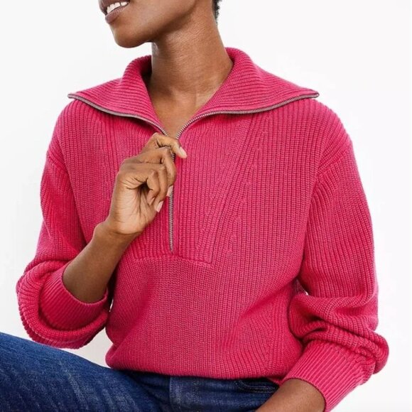Loft Pink Ribbed Zip Up Collared Cozy Knit Sweater Size Small - Picture 1 of 8